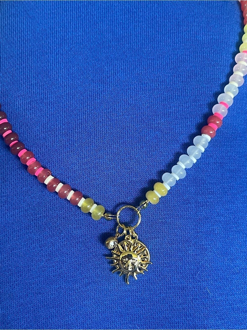 Gold Sun, Tree of Life Charm 
Multicolor Beaded Necklace
